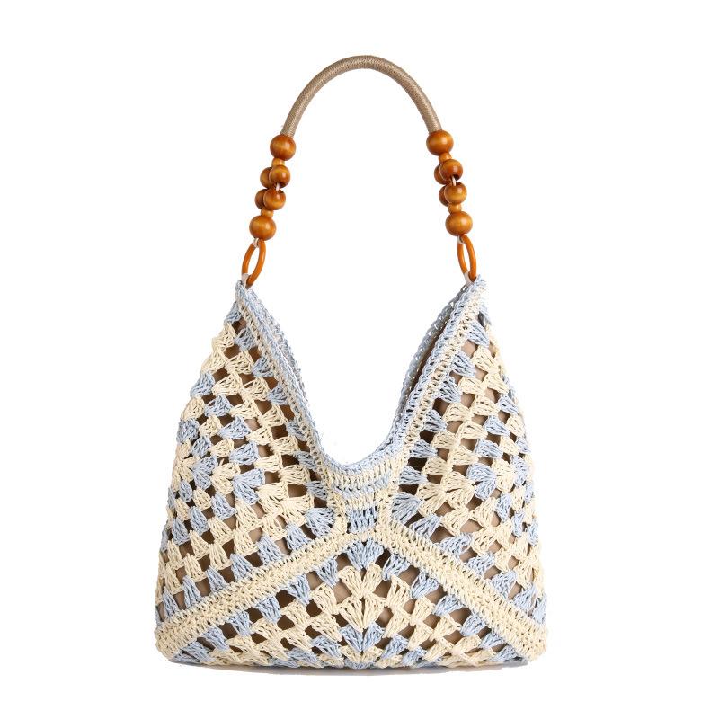 Large Capacity Hollow Beaded Straw Woven Single Shoulder Tote Beach Bag