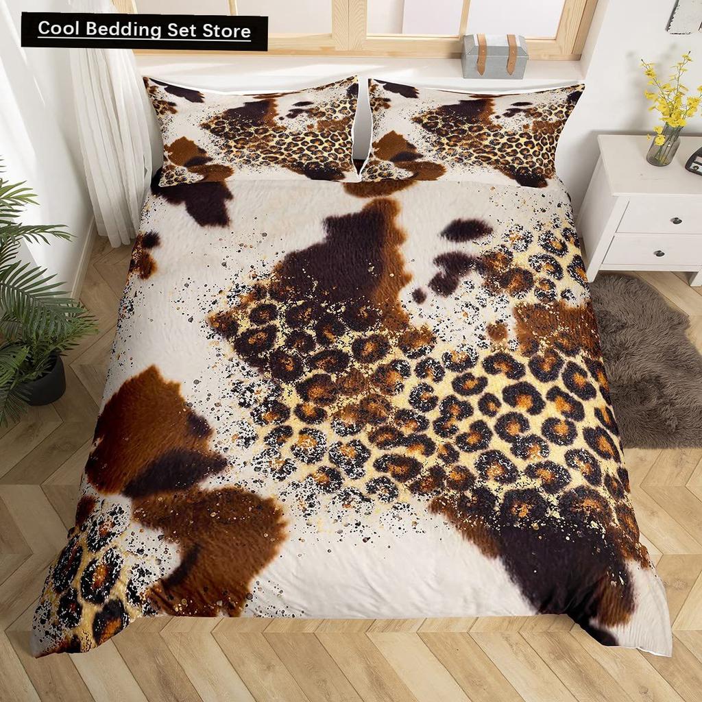 Cowhide King Queen Duvet Cover Patchwork Cow Fur Print Bedding Set Animal Quilt Cover Western Cowboy Polyester Comforter Cover