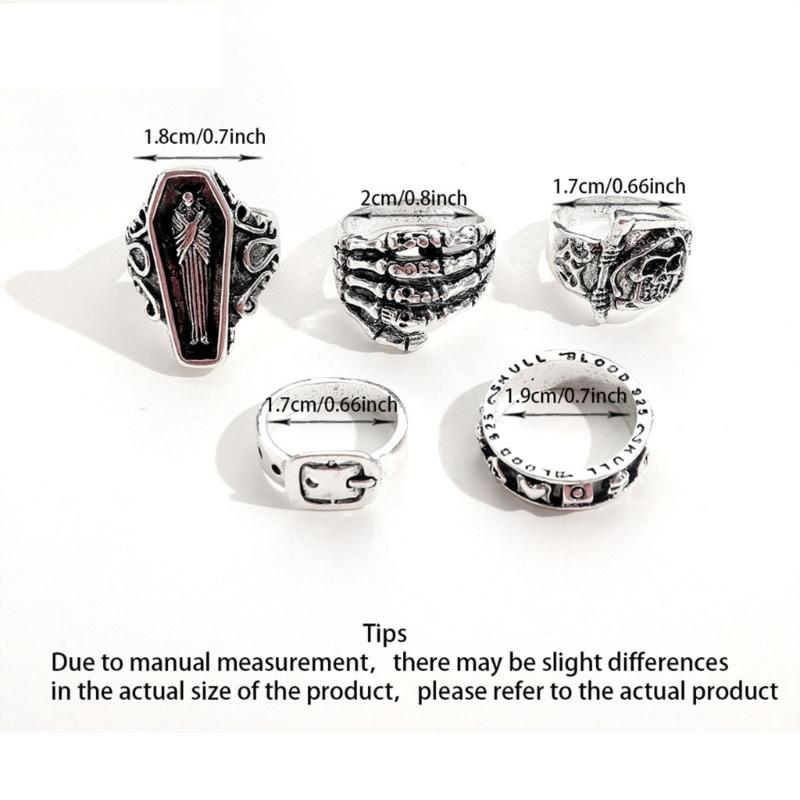 1 Set Gothic Skull Rings Set for Women Men Antique Silver Metal Skeleton Skull Belt Buckle Finger Ring Punk Jewelry
