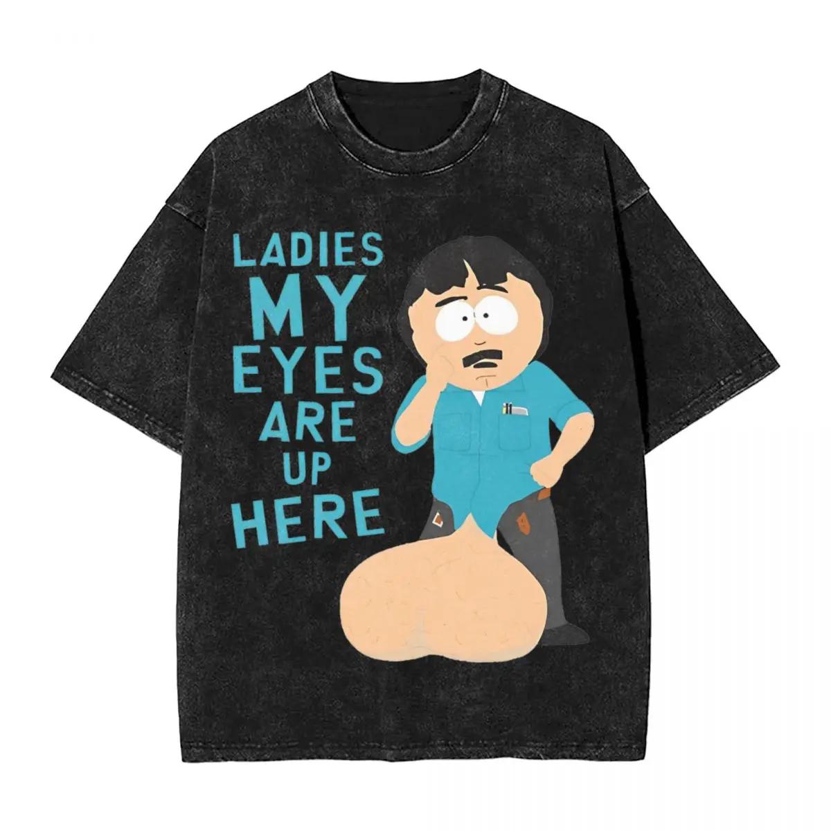 Ladies My Eyes Are Up Here Washed T Shirt Streetwear Retro T-Shirts Southparks Cartoon Tee Shirt Oversize Graphic Printed S разноцветный
