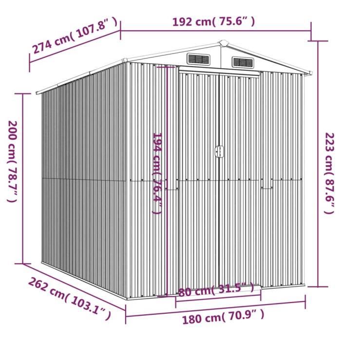 3147439 vidaXL Abri de jardin Gris clair 192x274x223 cm Acier galvanisé