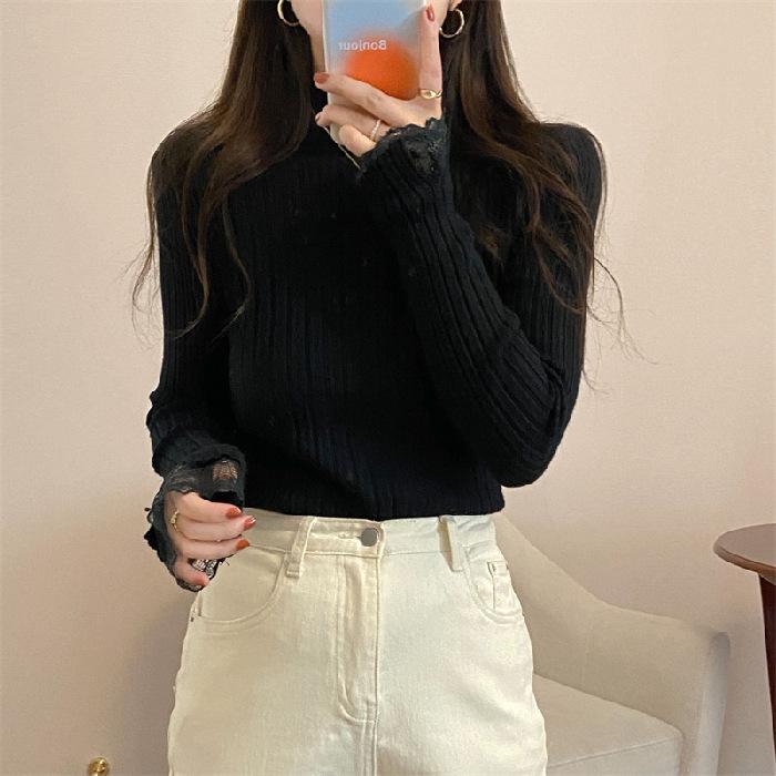 

Женский вязаный свитер с полувысоким воротником и кружевной отделкой, осенне-зимний, универсальный, плотный пуловер, базовый слой One Size чёрный