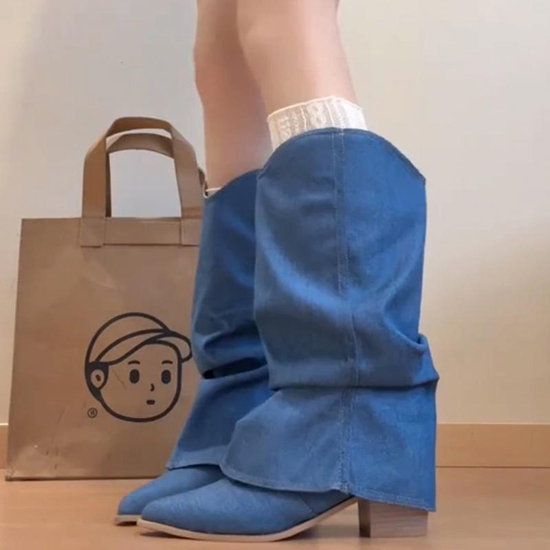 Fashion Vintage Denim Women Western Cowboy Boots Fashion Thick Heel Knight Long Booties Autumn Winter Zapatos De Mujer