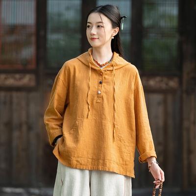 Vintage Women Hooded Shirts Solid Color Autumn Long Sleeve Pockets Loose Button Casual Blouses