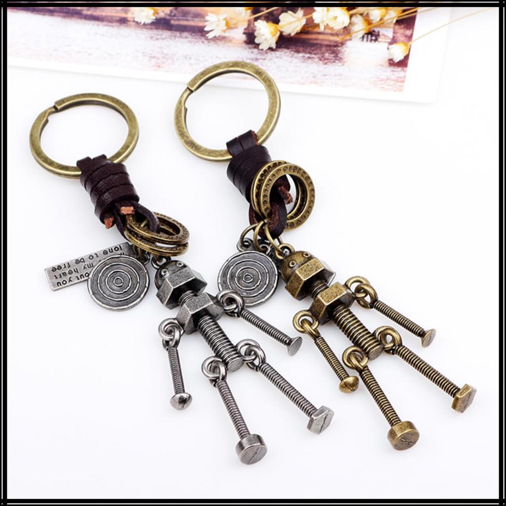White Fang Leather Robot Screw Key Ring Keychain Retro Charm for Men and Women, AZ293 (Bronze)