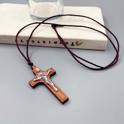Simple Religious Belief Prayer Baptism Christian Jesus Wood Metal Cross Wax Rope Necklace Men Women Accessories Jewelry Gift