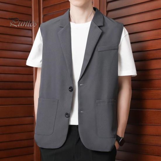Men Suit Vest Lapel Sleeveless Two-Button Placket Business Waistcoat with Side Pockets Solid Color Casual Vest Coat