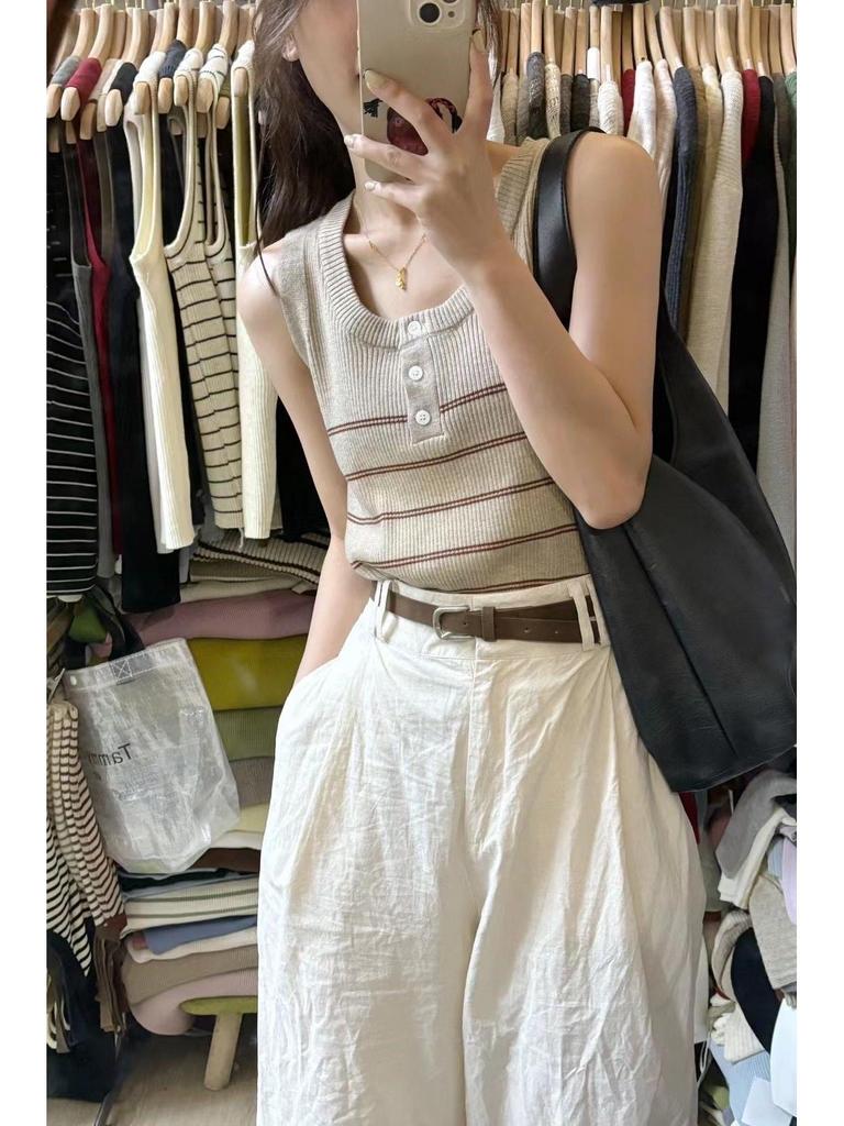 Spring 2026 Women's Color Block Striped Knit Vest - Slimming, Sleeveless, Round Neck Top