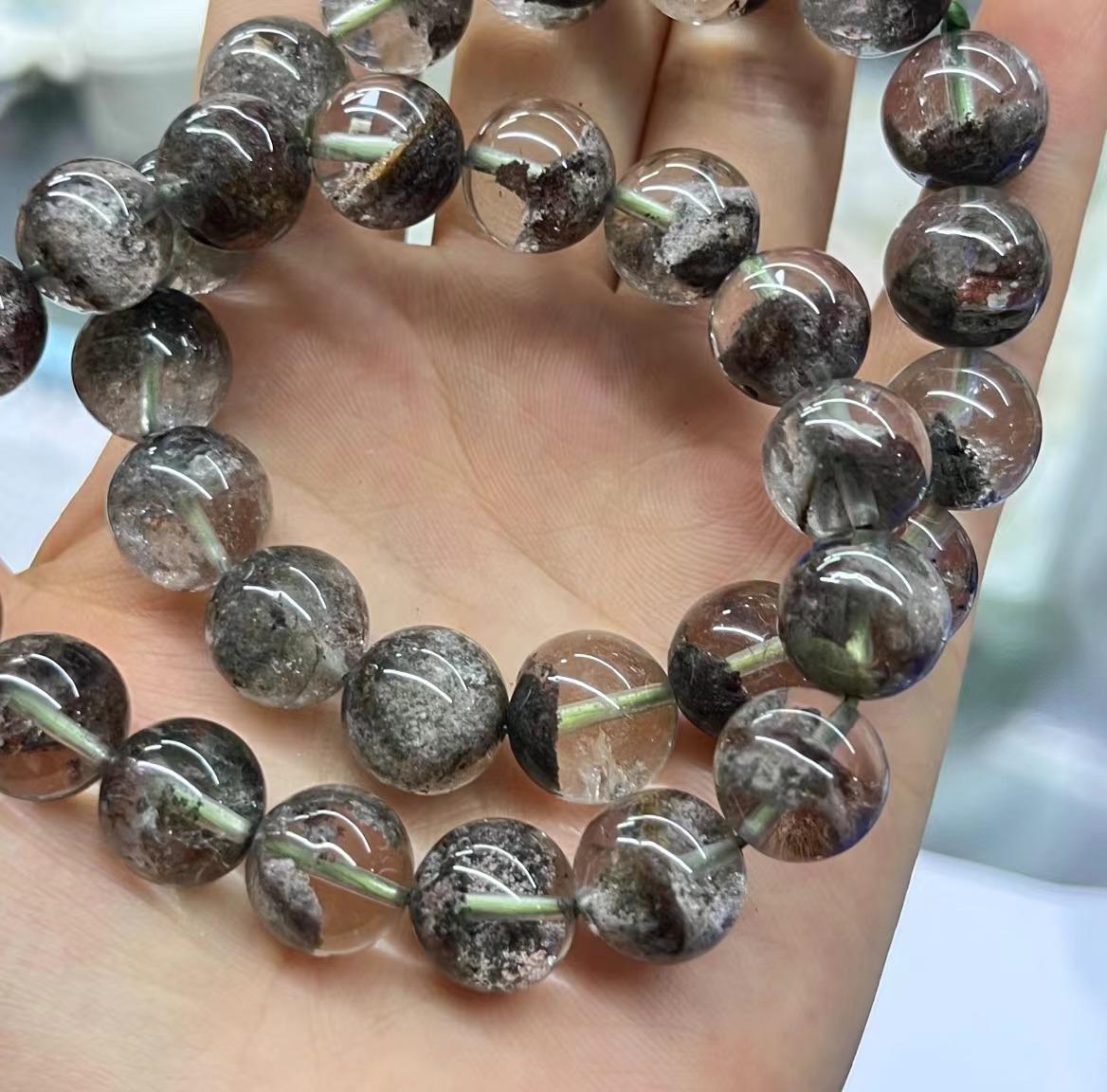 

Зеленый и красный браслет из бусин из фантомного кристалла - Унисекс модное украшение подарок 9mm-12mm [25g-35g]