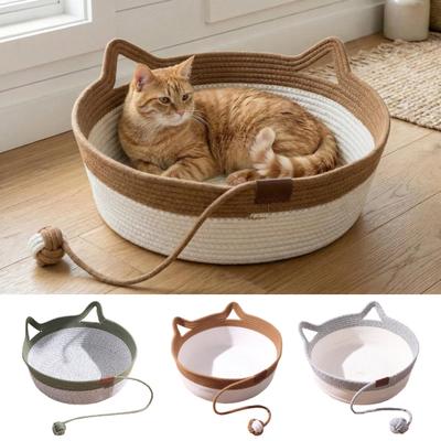Handwoven Rope Cat Basket Cat Bed Basket with Rope Knot Ball Cat Ear Design Foldable Cat Bed for Indoor Cats Lounging Sleeping Entertainment