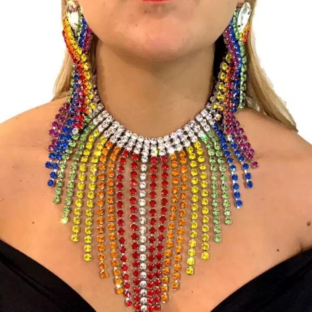 Vintage Rhinestone Crystal Necklace Shiny Ear Studs Luxury Rainbow Tassel Jewelry Set  Girls