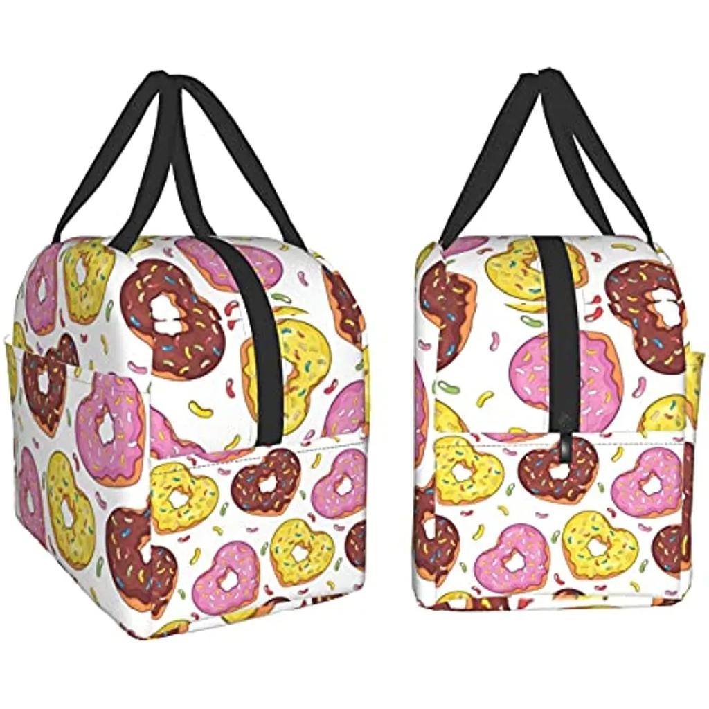 Love Donuts Lunch Box Insulated Lunch Boxes Waterproof Lunch Bag Reusable Lunch Tote with Front Pocket for Office Picnic School