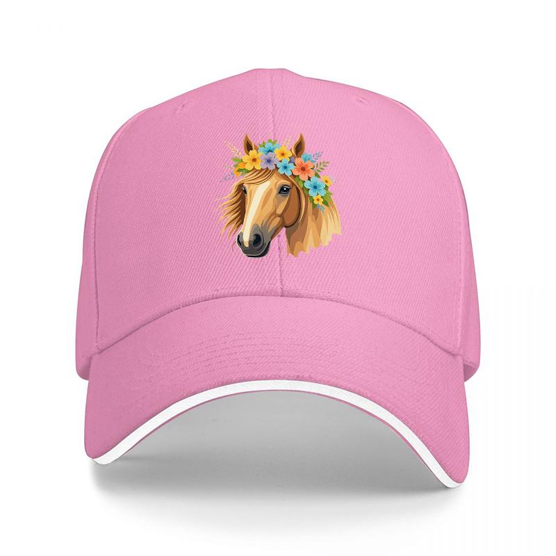 Floral Horse Head Design Baseball Cap Black Adjustable Hat with Colorful Flowers and Horse Pattern for Fashion and Style