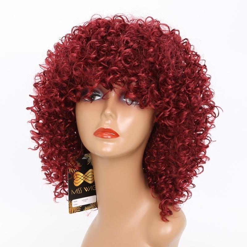 

MISS WIG Афро-женский модный красный парик с челкой Короткие вьющиеся африканские парики для женщин wig