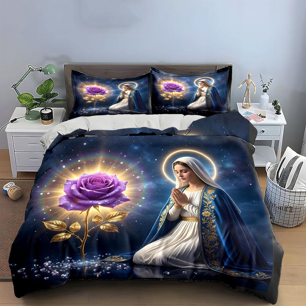 Praying Woman with Purple Rose Bedding Duvet Cover Set (1*Duvet Cover 2*Pillowcases, Without Duvet Insert)