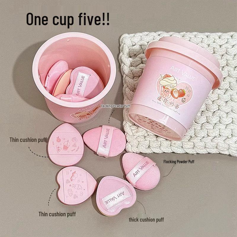 Mini Milk Tea Powder Puff Cup: Multi-use Pink Cushion Box