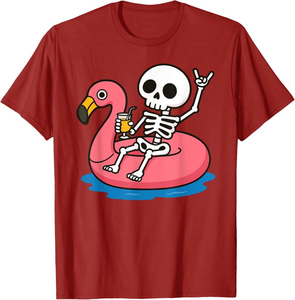Skelett schwimmt auf Flamingo aufblasbarem Ring Sommerurlaub Grafik T-Shirt Lässiges Kurzarm Rundhals T-Shirt