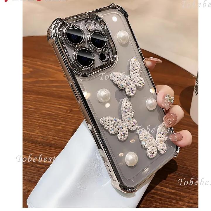 3D Pearl Butterfly Shockproof Plating Silicone Case for iPhone 16 16E 15 14 13 12 Mini 11 Pro XS Max XR X 8 7 Plus Cover