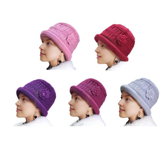 Women Thicken Knitted Hat Flower Crochet Bucket Hat for Elderly Women Winter Warm Fisherman Hat for Outdoor Activities