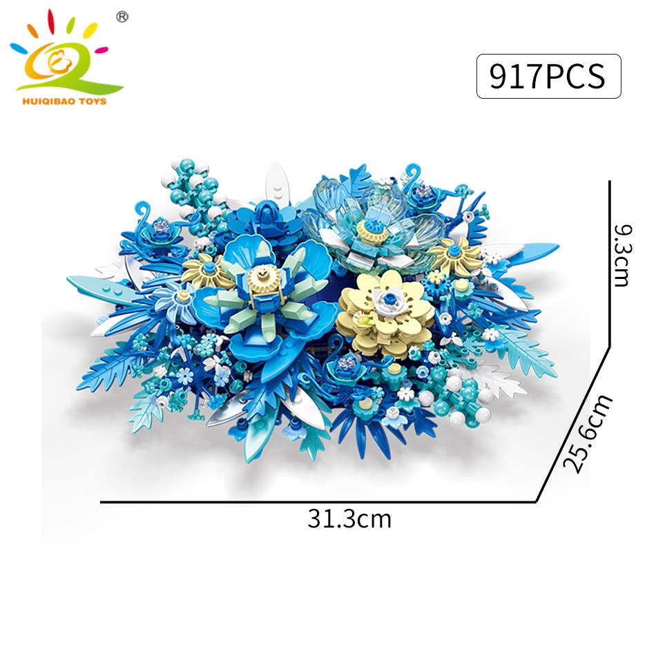 Non-Toxic 917Pcs Moc Blue Flower Model Building Blocks 3D Flores Bouquet Potted Plants Bricks Kits Children Diy Toy Home Decor