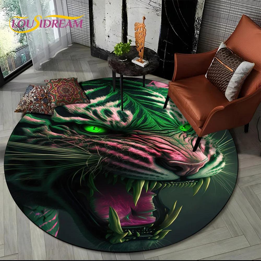 Animal Wildlife Cartoon Beast Tiger Lion Leopard Round Carpet Rug for Living Room Bedroom Child Decor,Pet Area Rug Non-slip Mat