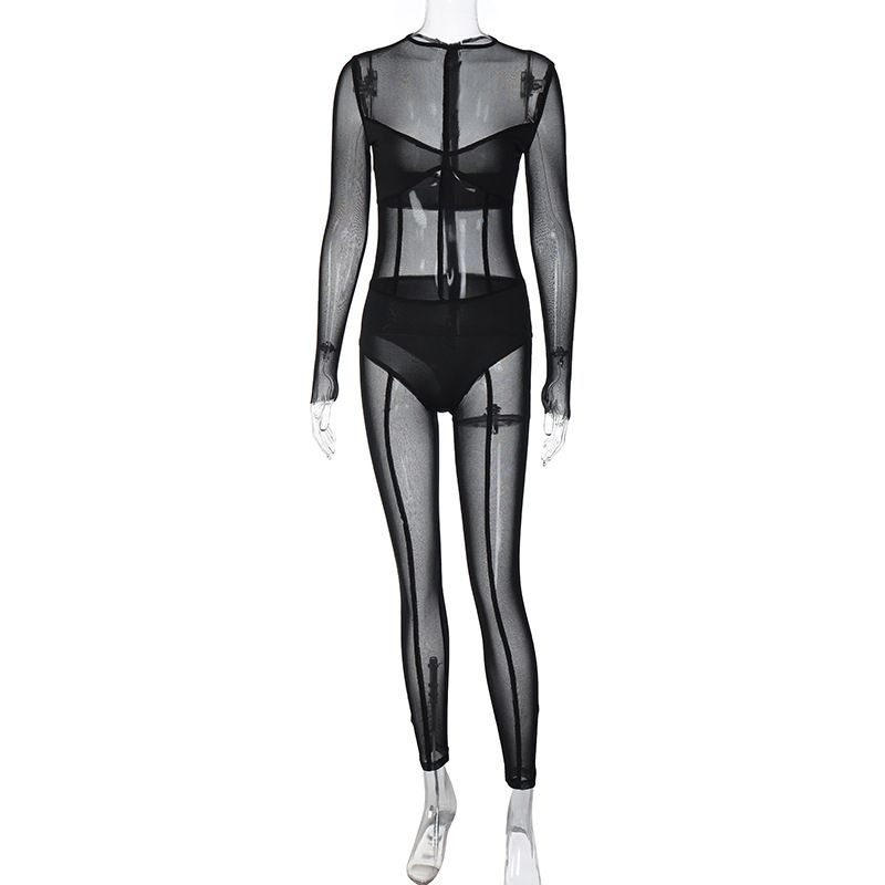 

Transitional Sexy Western Style Long sleeve Mesh Trousers Sexy Perspective Jumpsuit Stage Performance Triangle Jumpsuit Women Black L