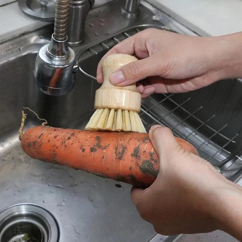 Bamboo Dishwashing Brush Natural Sisal Wooden Handle High Density Bristles for Cast Iron Pans Pots Dishes Fruits Vegetables Clea