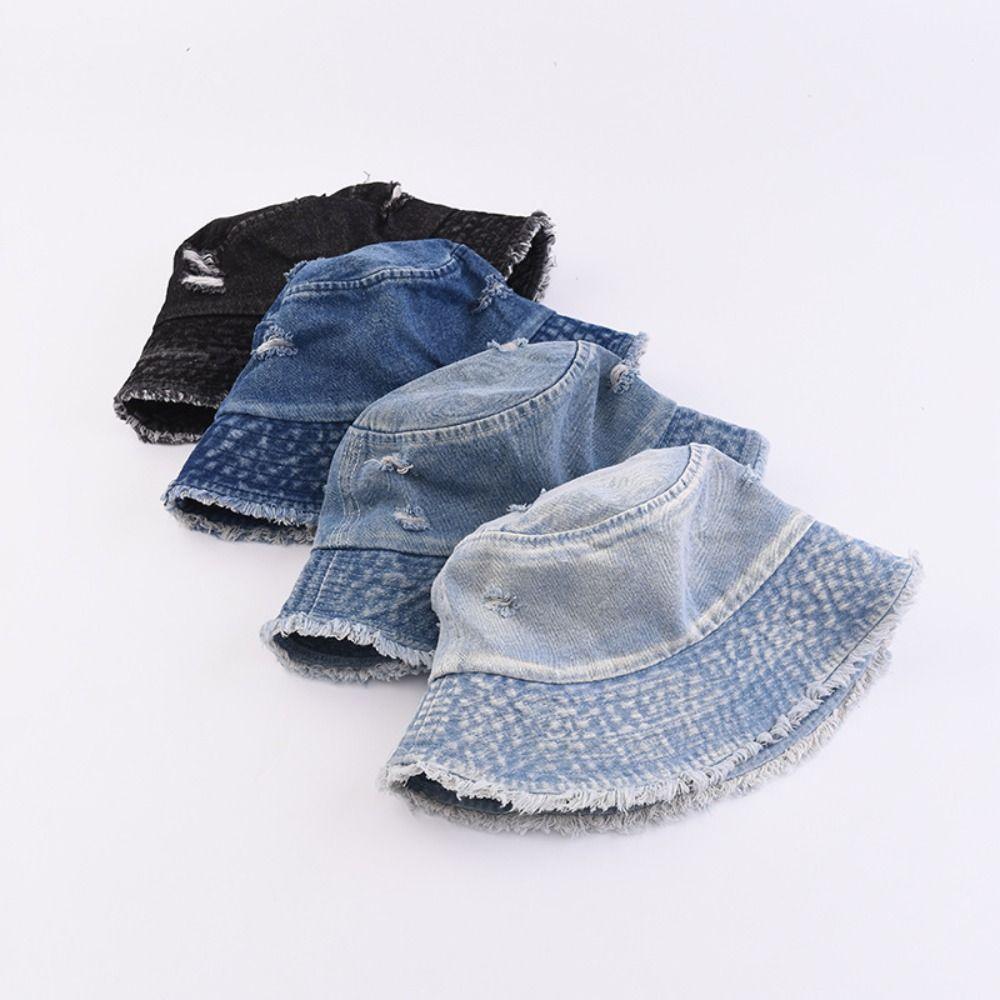 Korean Style Denim Bucket Hat Washed Denim Sun Protection Hat Retro Sun Hat Outdoor