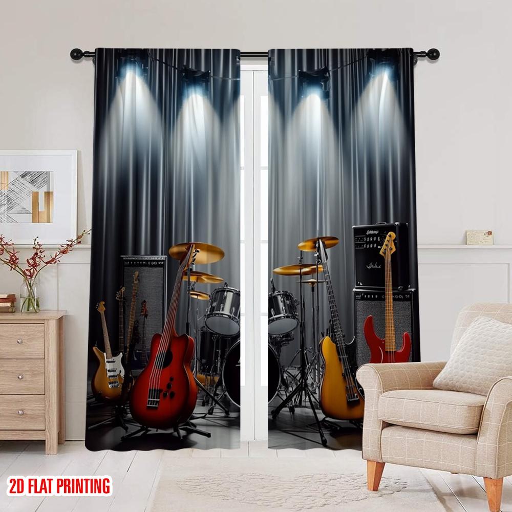 2pcs Window Drapes Rock Band Themed Machine Washable Fabric,Without Electricity Festive Backdrops Applies To Decorations