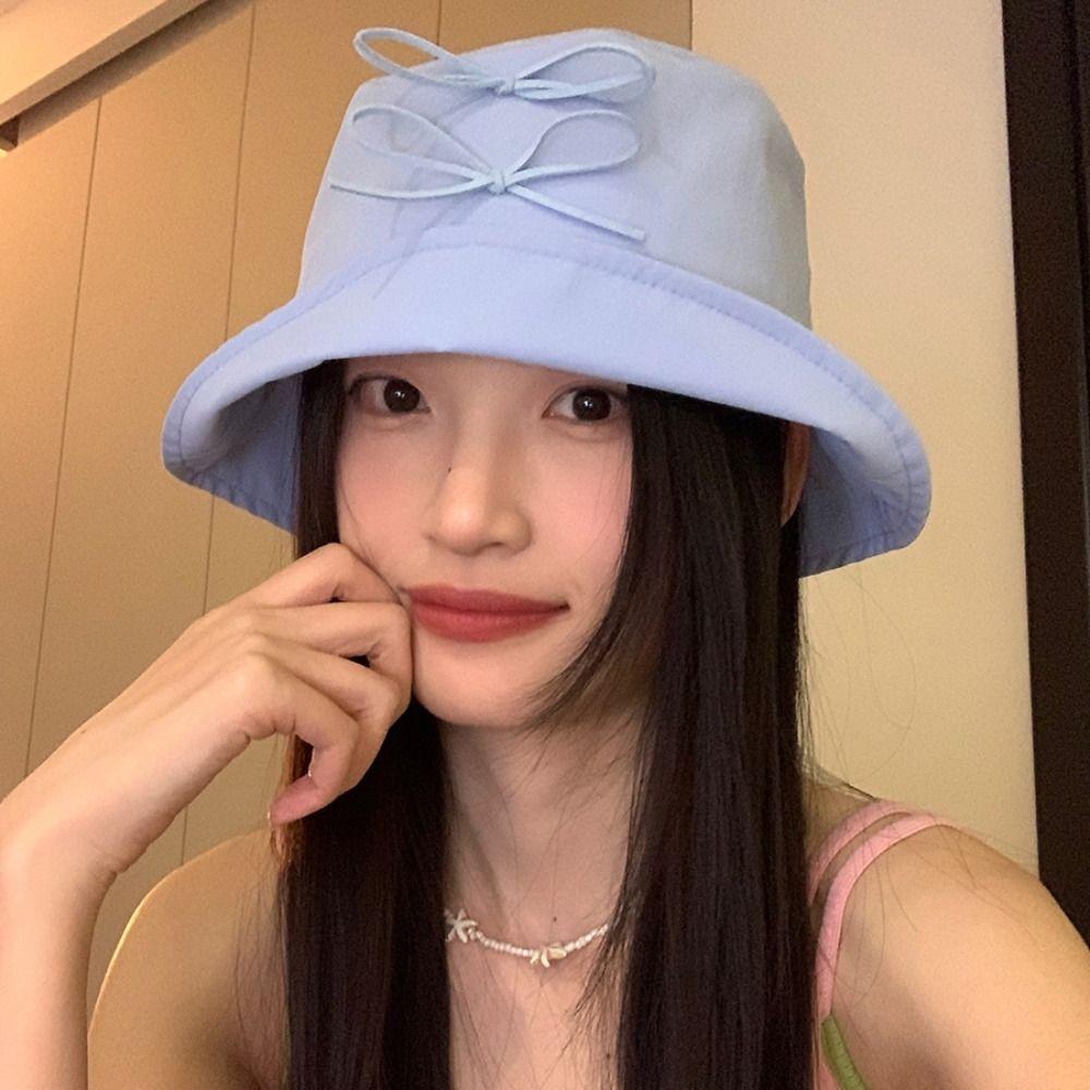 Solid Color Bowknot Fisherman Hat Sunscreen Canvas Basin Hat Male Bow Bucket Hat  Travel