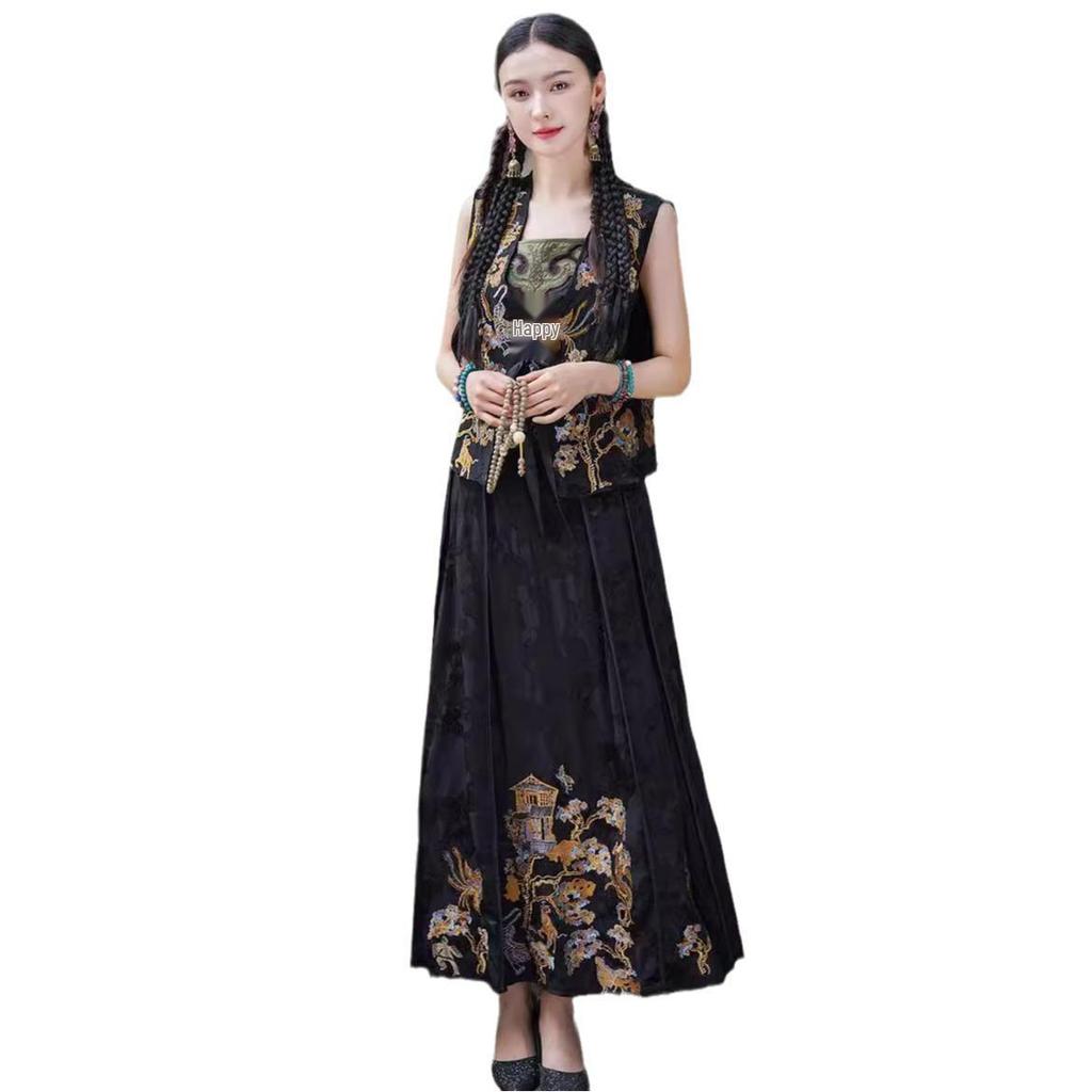 Spring/Summer 2025 Women's Retro Ethnic Embroidered Floral Elastic Waist Long Midi Skirt