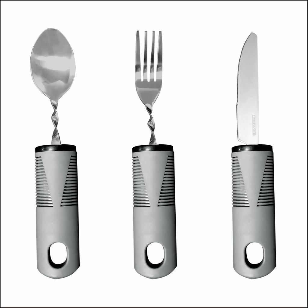 Stainless Steel Adaptive Foldable Utensil Set with Anti-Shake Rubber-Plastic Handle for Elderly Rehabilitation (Knife, Fork, Spoon)