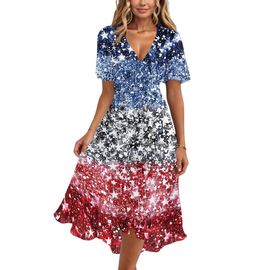 Women's Casual V-Neck Short-Sleeve Independence Day Print Dress