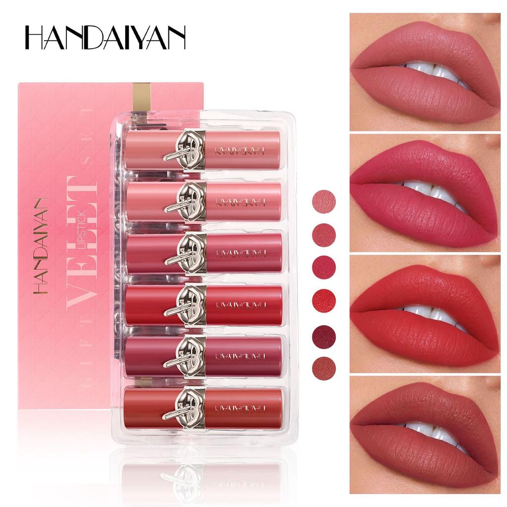6 Color Set Non-Stick Cup Matte Lipstick Long-Lasting Waterproof Velvet Finish Lip Stain Classic High Pigment Lipstick Woman Makeup