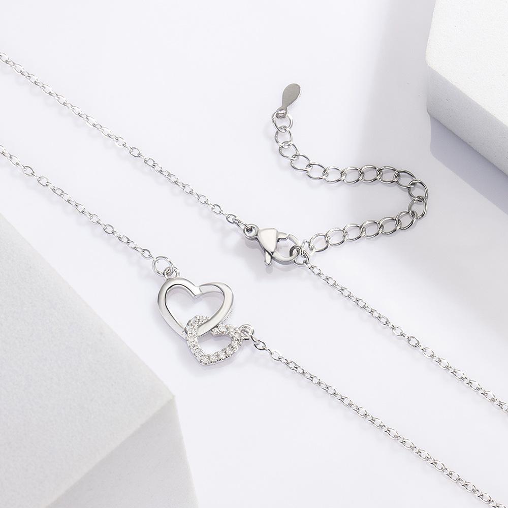925 Silver Zircon Double Heart Necklaces For Women Girls Wedding Luxury Designer Jewelry Accessories Argent 925