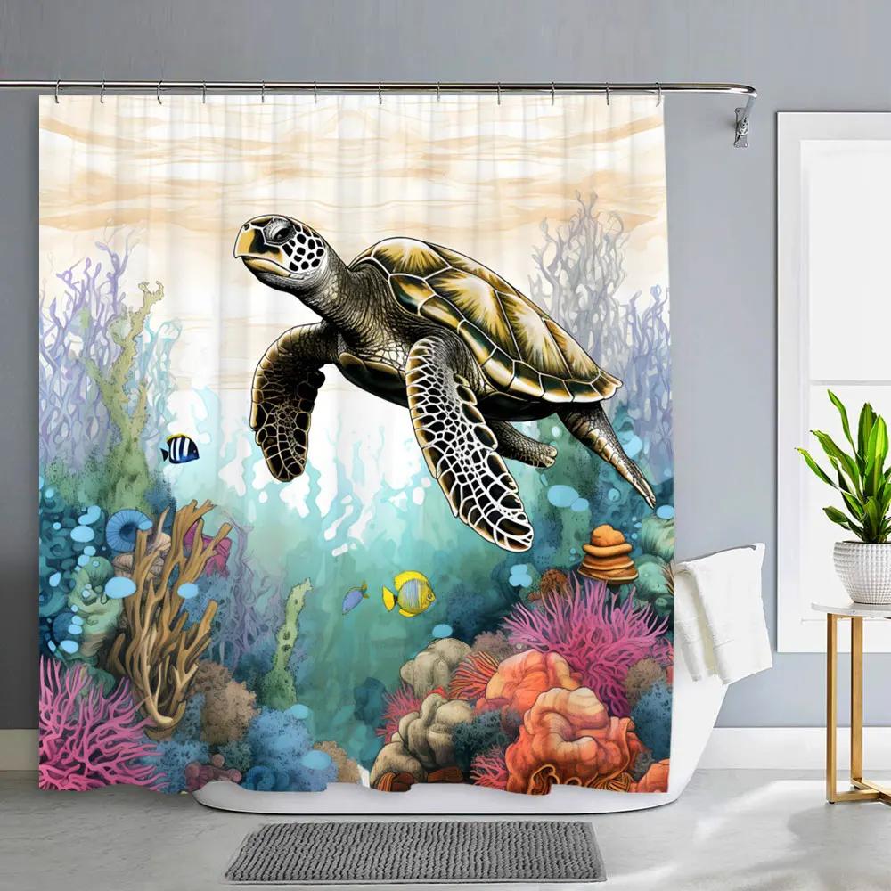 Ocean Animals Bathroom Curtains Watercolour Octopus Jellyfish Turtle Polyester Fabric Washable Shower Curtains Bathroom Decor