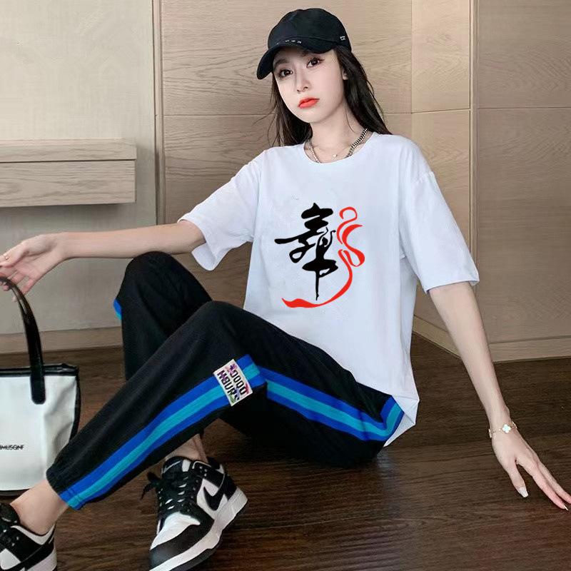 Summer new fashion simple printing sports style suit women's refreshing casual foreign style daily versatile short-sleeved trousers
