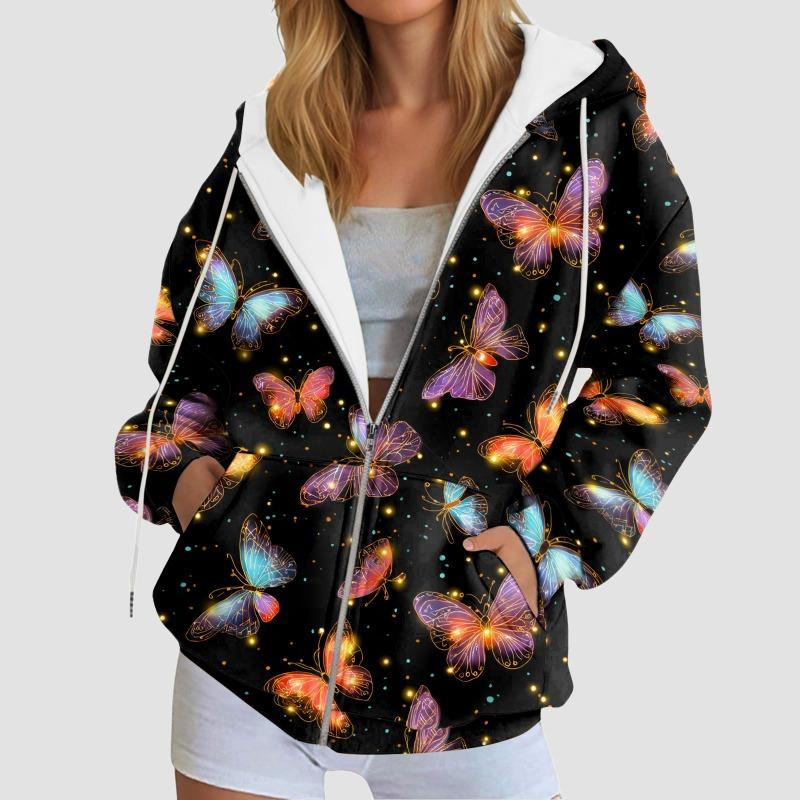 Graphic Stylish Print Women'S Hooded Sweatshirt Oversized Zipper Cardigan With Pocket Trendy Long-Sleeve Casual Hoodie Jacket