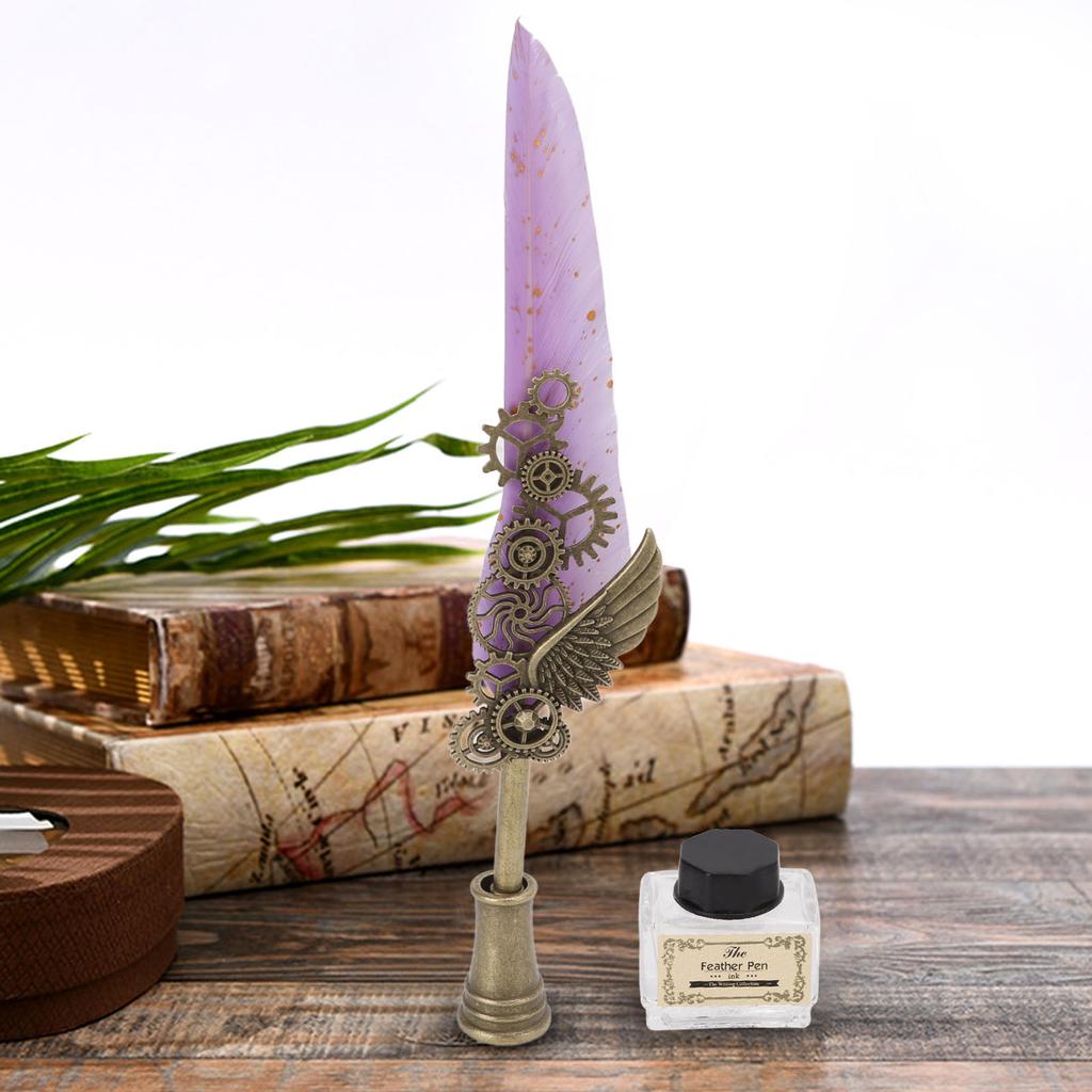 Quill Pen and Ink Set Writing Smoothly Vintage Carving Nib Natural Wear Resistant Pen and Ink Set