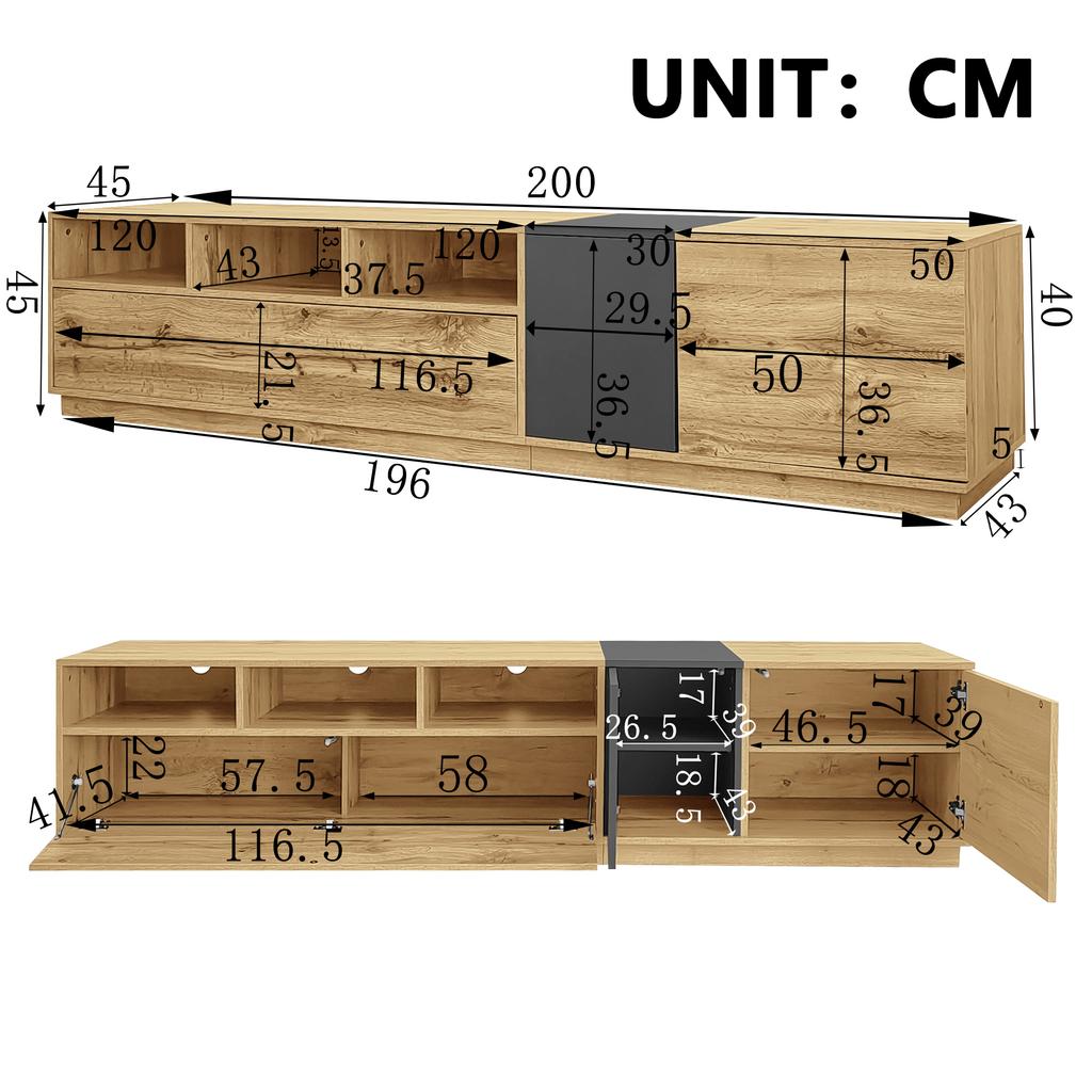 A modern TV stand in contrasting colors. With a simple, high-contrast design. With open compartments and cable openings. 200 cm