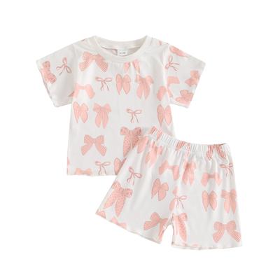 Ropa de Verano para Niña Pequeña Estampado de Lazo Manga Corta Tops de Cuello Redondo Pantalones Cortos de Cintura Elástica Conjunto