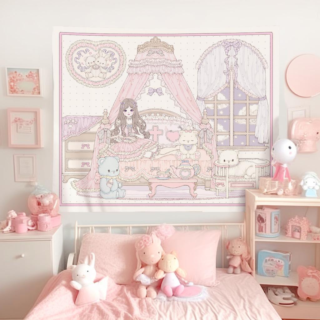 Decoración del Hogar Kawaii Tapiz Colgante de Pared Tapiz de Chica Rosa de Anime Decoración de Fondo de Pared de Dormitorio Tapices Lindos de Moda para Dama
