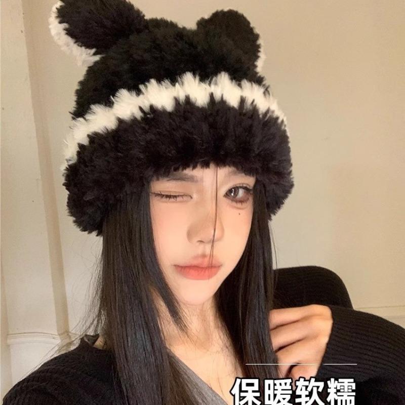 Plush hat female winter cute bear ears striped contrasting color new sweet contrasting color knitted wool hat