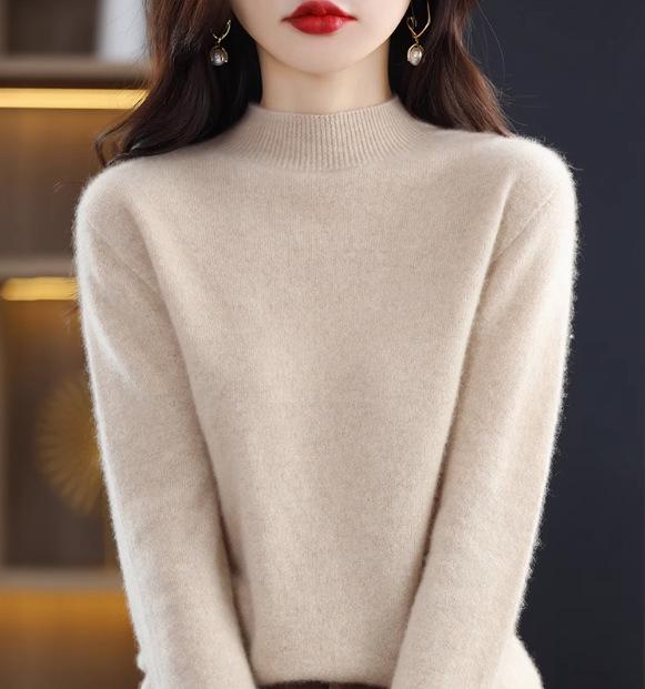 2024 Fall/Winter Women's 100% Wool Semi-High Neck Loose Knitted Sweater