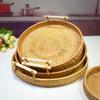 Dinner Serving Tray Breakfast Bread Food Plate Handwoven Rattan Storage Tray Round Shape Fruit Cake Wicker Basket With Handle