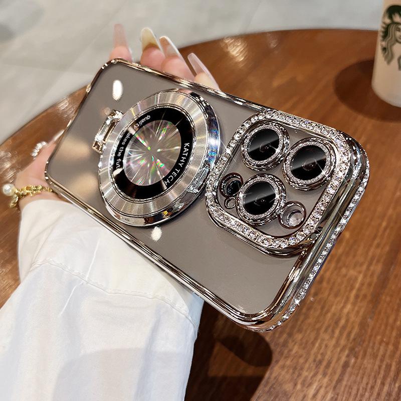 Applicable to iPhone17PRO mobile phone case, advanced sense rhinestone glitter, magnetic suction bracket, Apple 16E transparent sheath 15.