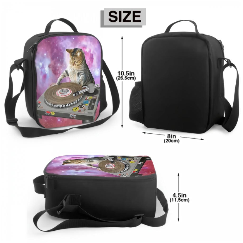 Funny Cat DJ Insulated Lunch Box Leakproof Portable Lunch Bag with Adjustable Shoulder Strap Reusable Cooler Tote Bag for Picnic