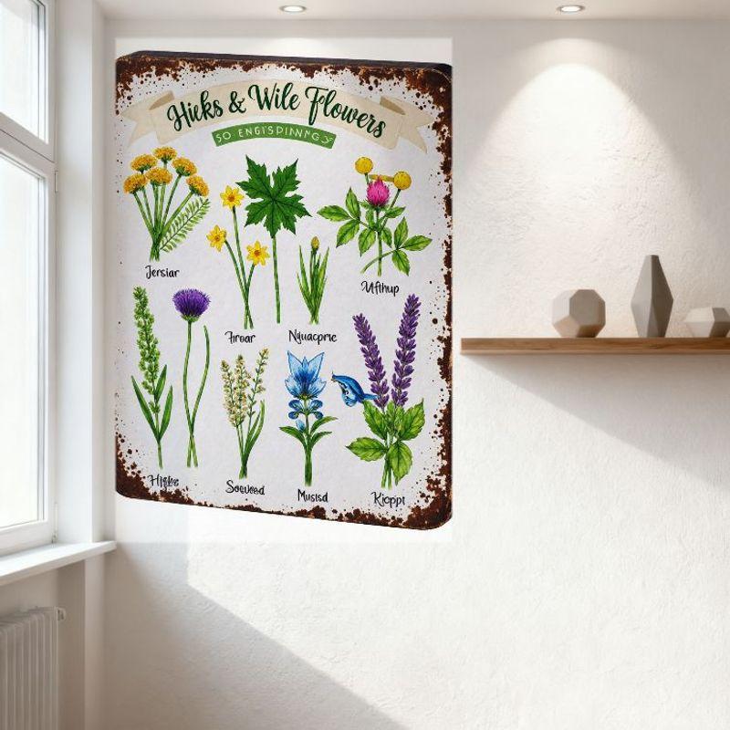 Hicks & Wile Flowers 50 English Species Vintage Metal Tin Sign with Illustrated Wildflowers, Antique Distressed Plaque for Home