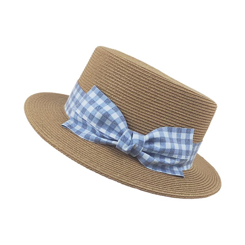 Small Fresh and Sweet Plaid Bow Straw Hat Children Summer Travel Sunshade Sunscreen Literary Top Hat Tide