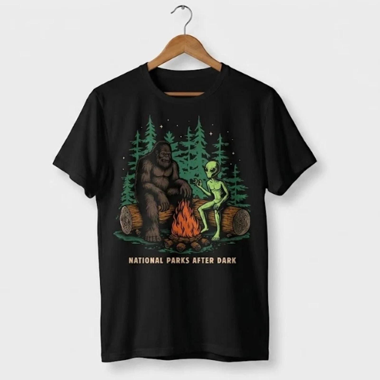 National Parks After Dark Bigfoot Alien Campfire Funny Graphic Tee L